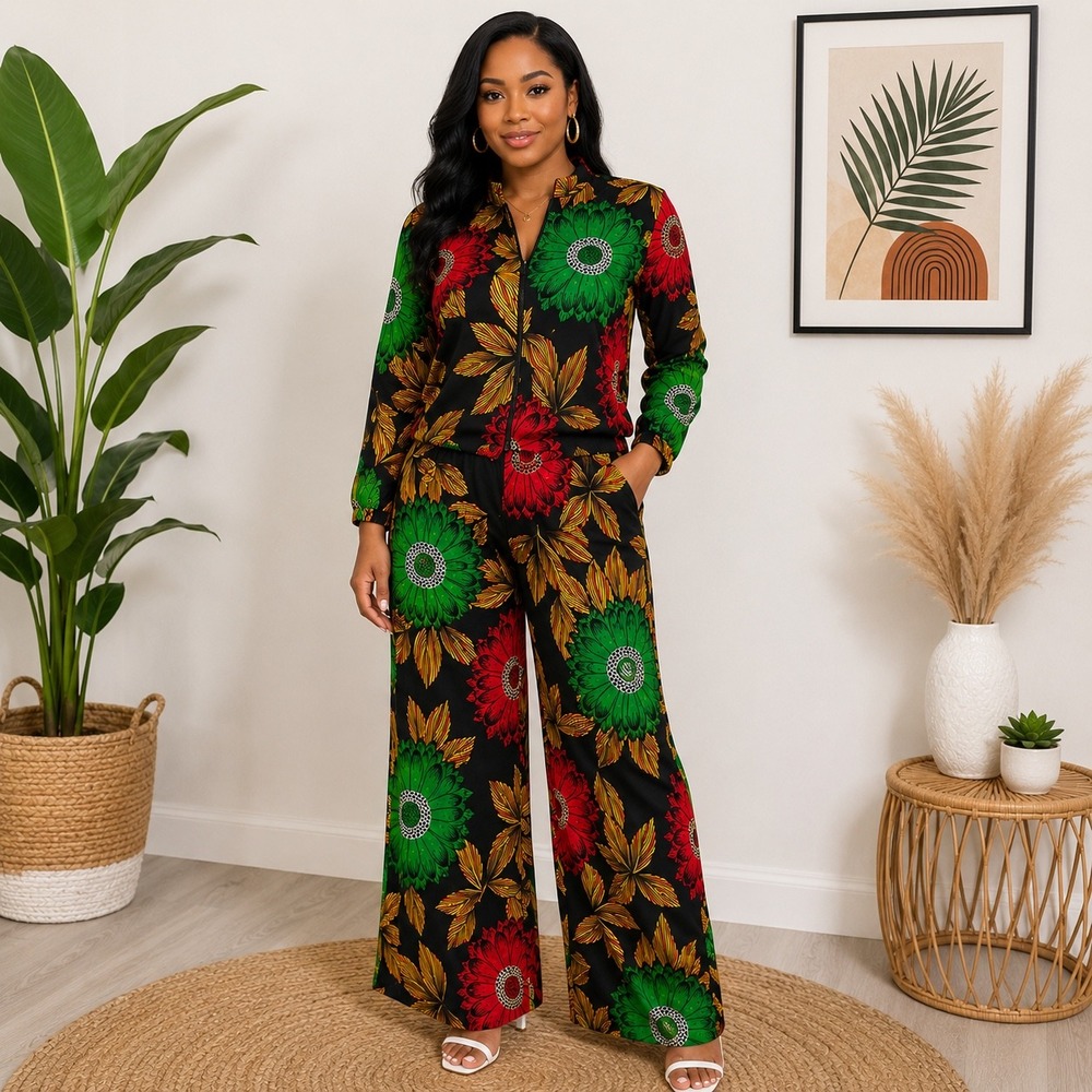 Handmade African Print Set Floral Zip Jacket Turtleneck Top and Wide Leg Pants M